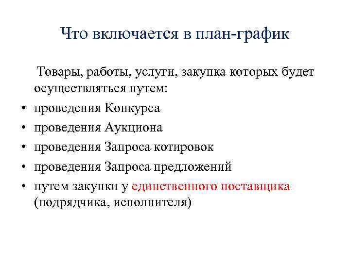 Что включается в план-график • • • Товары, работы, услуги, закупка которых будет осуществляться