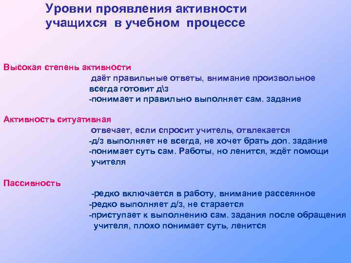 Уровни проявления активности учащихся в учебном процессе Высокая степень активности даёт правильные ответы, внимание