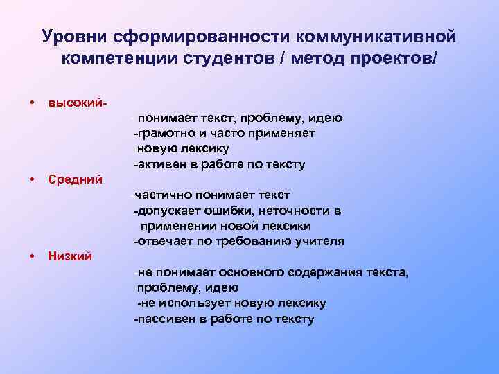 Уровни сформированности коммуникативной компетенции студентов / метод проектов/ • высокий- понимает текст, проблему, идею