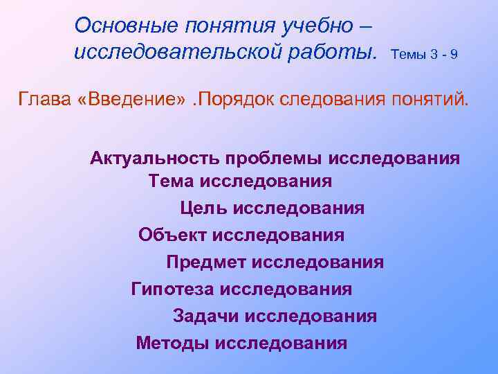 Основные понятия учебно – исследовательской работы. Темы 3 - 9 Глава «Введение» . Порядок
