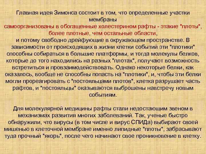 Главная идея Зимонса состоит в том, что определенные участки мембраны самоорганизованы в обогащенные холестерином