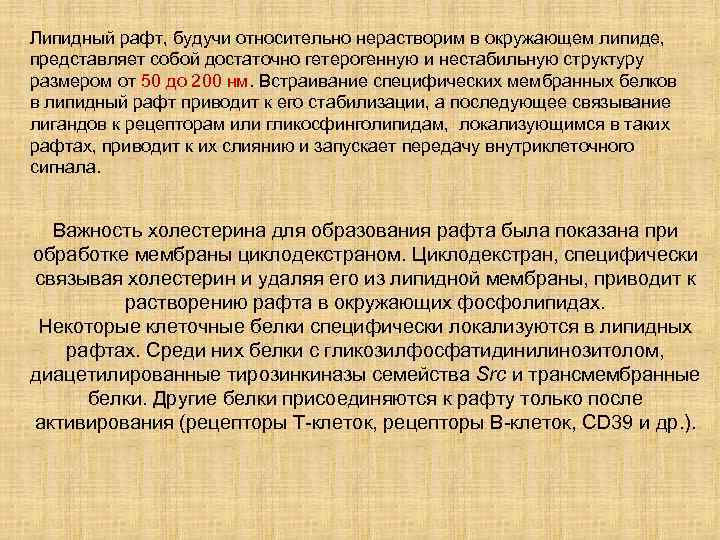 Липидный рафт, будучи относительно нерастворим в окружающем липиде, представляет собой достаточно гетерогенную и нестабильную