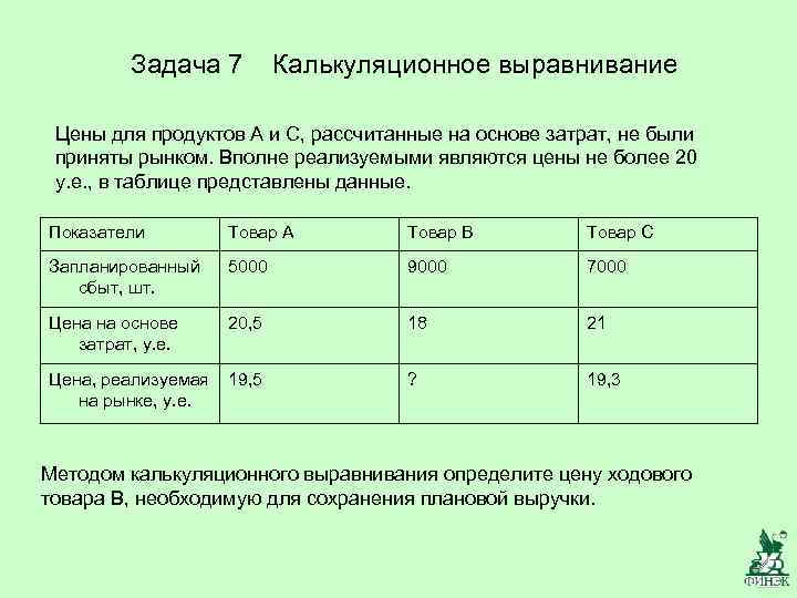 Задача 7 Калькуляционное выравнивание Цены для продуктов А и С, рассчитанные на основе затрат,