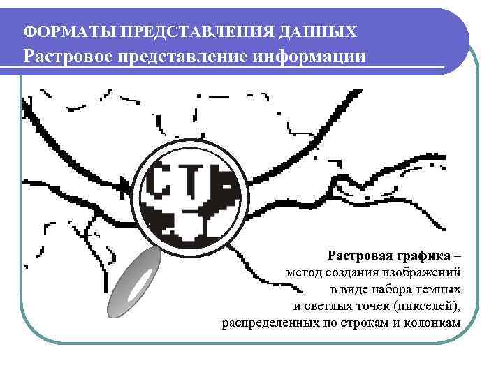 ФОРМАТЫ ПРЕДСТАВЛЕНИЯ ДАННЫХ Растровое представление информации Растровая графика – метод создания изображений в виде