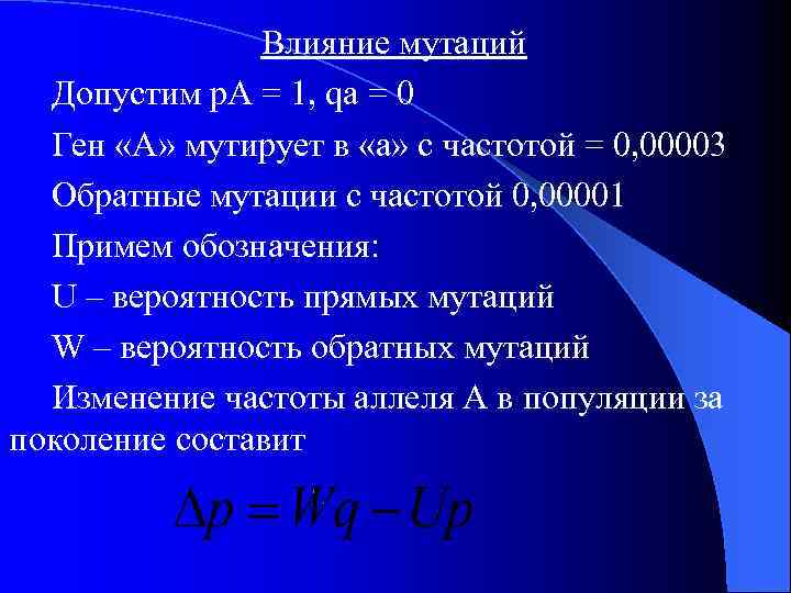 Влияние мутаций Допустим p. A = 1, qa = 0 Ген «А» мутирует в