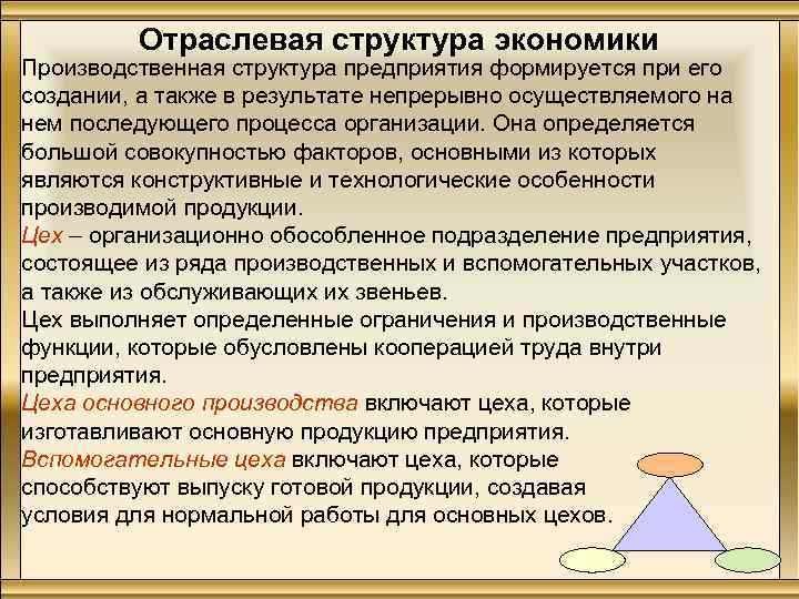 Отраслевая структура экономики Производственная структура предприятия формируется при его создании, а также в результате