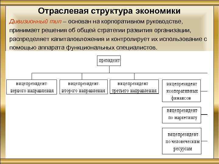 Отраслевая структура экономики Дивизионный тип – основан на корпоративном руководстве, принимает решения об общей