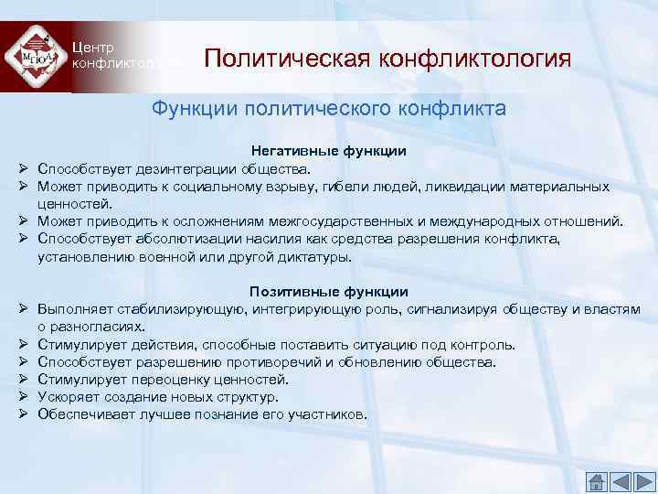 Центр конфликтологии Политическая конфликтология Функции политического конфликта Ø Ø Ø Ø Ø Негативные функции