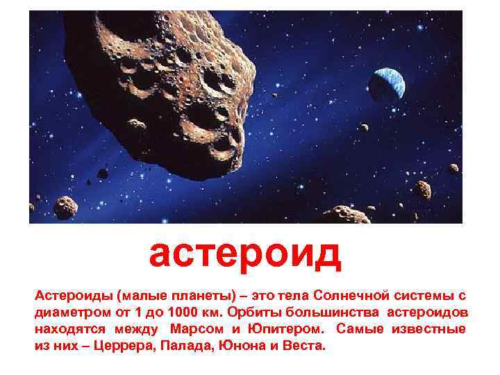 астероид Астероиды (малые планеты) – это тела Солнечной системы с диаметром от 1 до