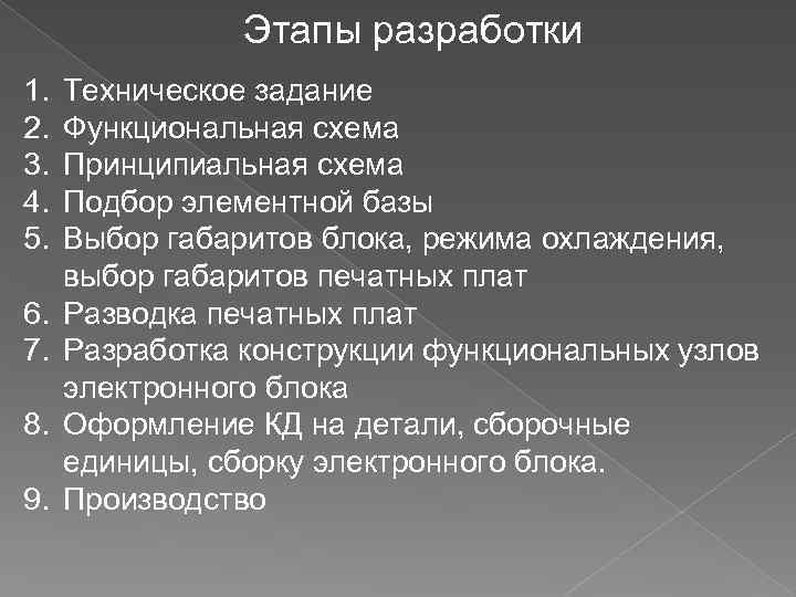 Этапы разработки 1. 2. 3. 4. 5. 6. 7. 8. 9. Техническое задание Функциональная