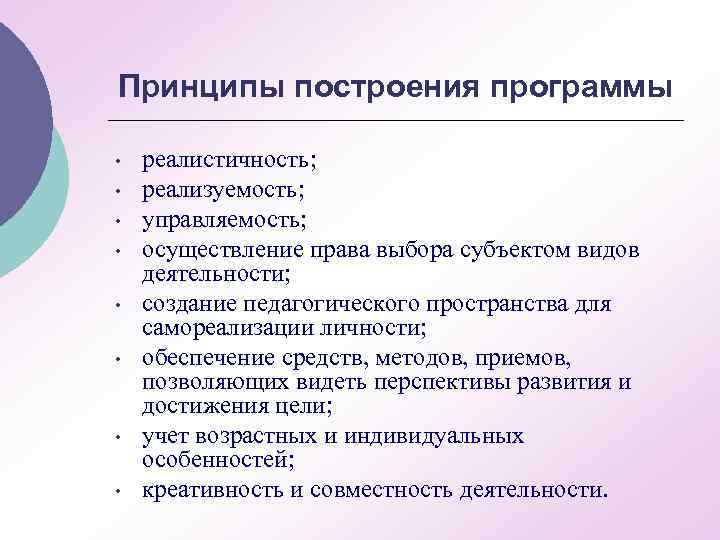 Принципы построения программы • • реалистичность; реализуемость; управляемость; осуществление права выбора субъектом видов деятельности;