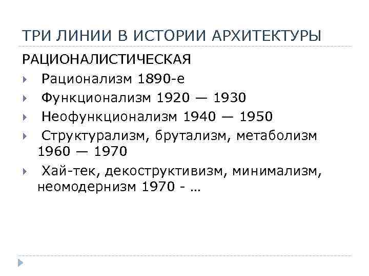 ТРИ ЛИНИИ В ИСТОРИИ АРХИТЕКТУРЫ РАЦИОНАЛИСТИЧЕСКАЯ Рационализм 1890 -е Функционализм 1920 — 1930 Неофункционализм