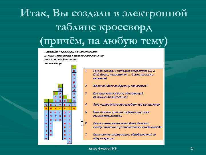 Итак, Вы создали в электронной таблице кроссворд (причём, на любую тему) Автор Флеонов В.