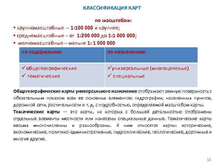 КЛАССИФИКАЦИЯ КАРТ по масштабам: • крупномасштабные – 1: 100 000 и крупнее; • среднемасштабные