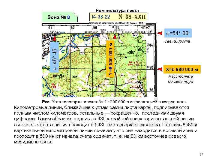 Номенклатура листа Зона № 8 Y=8 560 000 м =45° 45' =54° 00' сев.