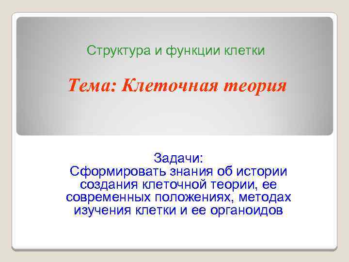 Структура и функции клетки Тема: Клеточная теория Задачи: Сформировать знания об истории создания клеточной