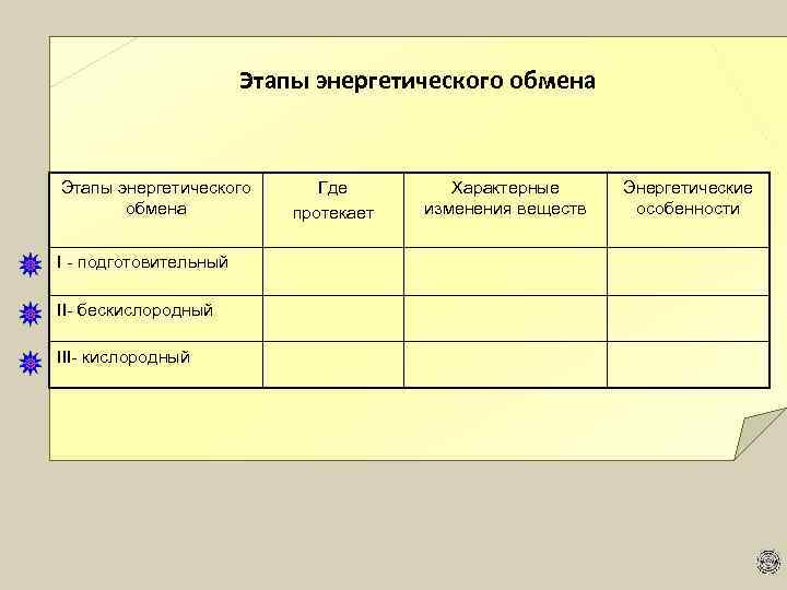  Этапы энергетического обмена Этапы энергетического Где Характерные Энергетические обмена протекает изменения веществ особенности