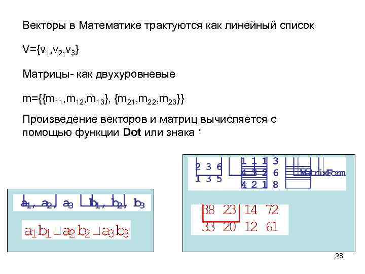 Векторы в Математике трактуются как линейный список V={v 1, v 2, v 3} Матрицы-