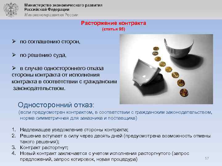 Расторжение контракта (статья 95) Ø по соглашению сторон, Ø по решению суда, Ø в