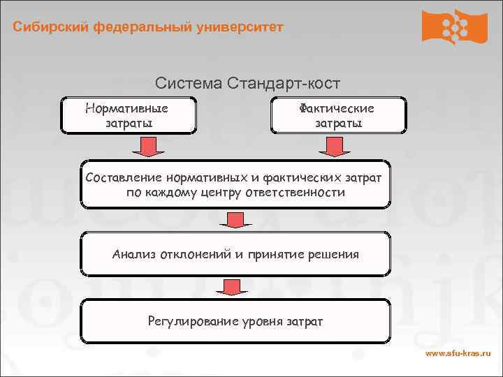 Сибирский федеральный университет Система Стандарт-кост Нормативные затраты Фактические затраты Составление нормативных и фактических затрат