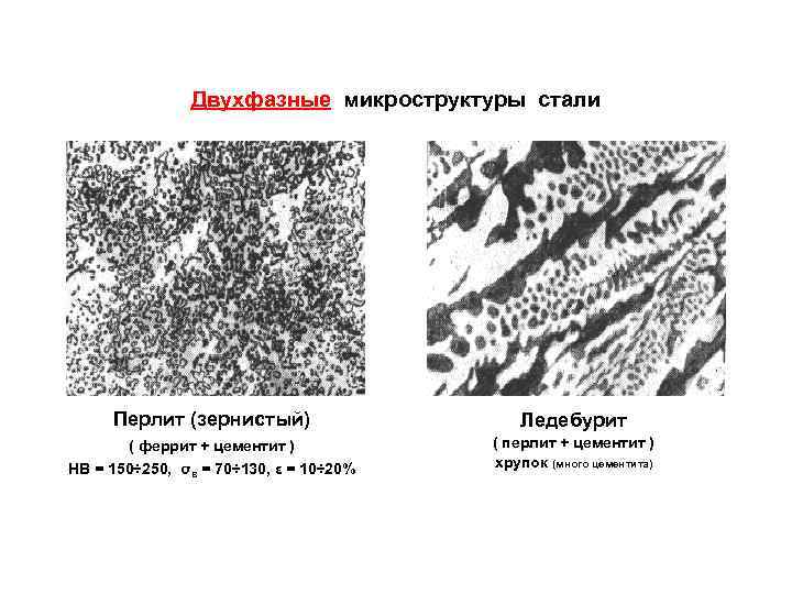  Двухфазные микроструктуры стали Перлит (зернистый) Ледебурит ( феррит + цементит ) ( перлит