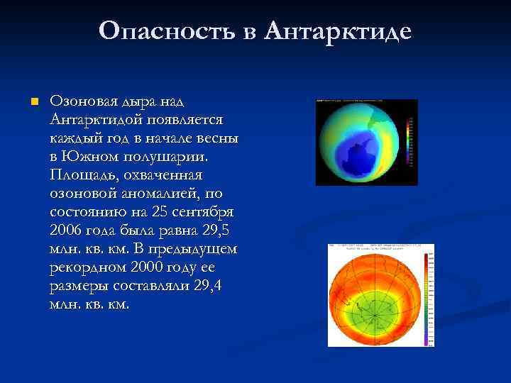    Опасность в Антарктиде n  Озоновая дыра над Антарктидой появляется каждый