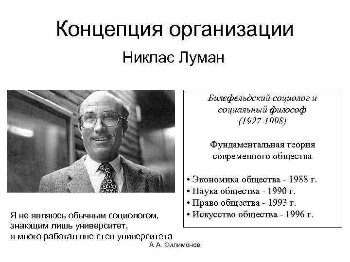 Концепция организации Никлас Луман Билефельдский социолог и социальный философ (1927 -1998) Фундаментальная теория современного