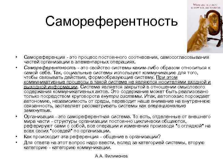 Самореферентность • • • Самореференция - это процесс постоянного соотнесения, самосогласовывания частей организации в