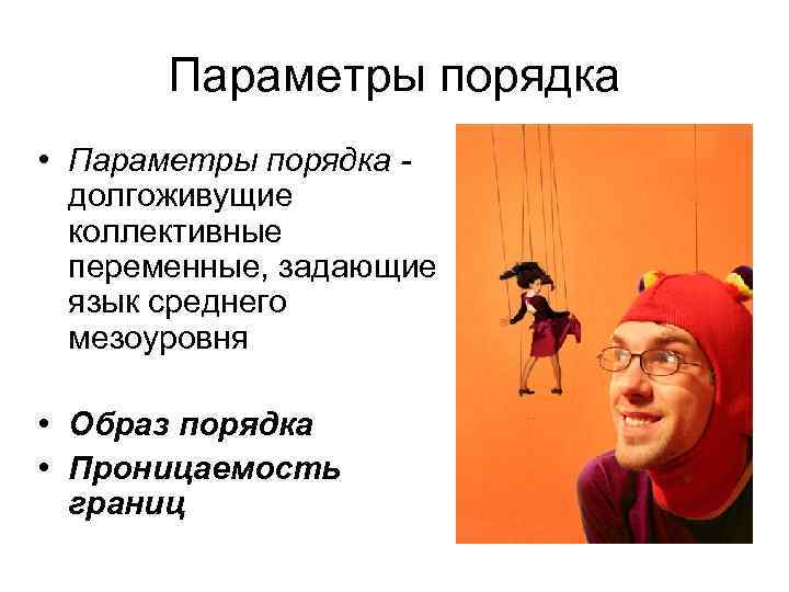 Параметры порядка • Параметры порядка - долгоживущие коллективные переменные, задающие язык среднего мезоуровня •