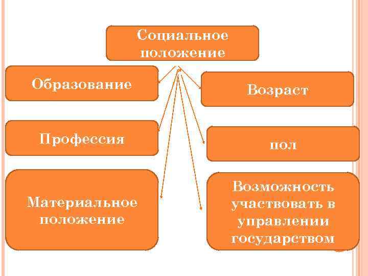 Социальное положение Образование Возраст Профессия пол Материальное положение Возможность участвовать в управлении государством 