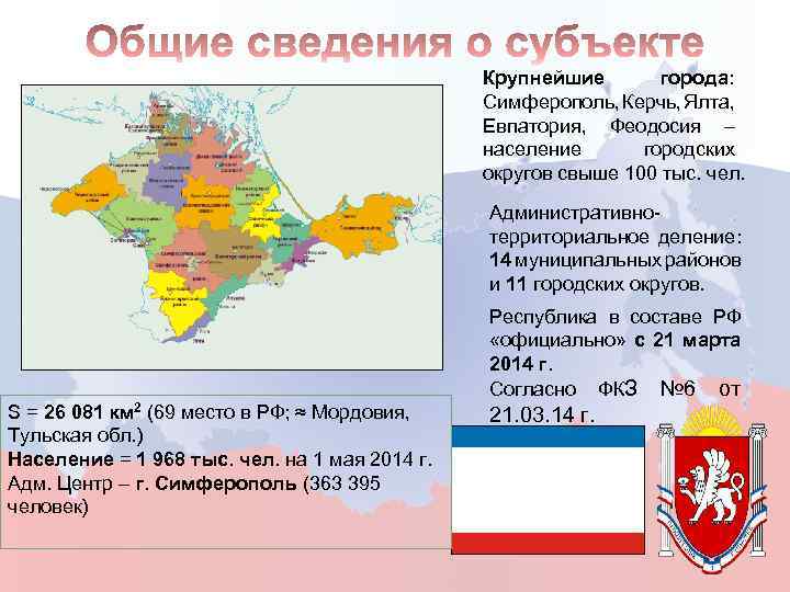 Крупнейшие города: Симферополь, Керчь, Ялта, Евпатория, Феодосия – население городских округов свыше 100 тыс.