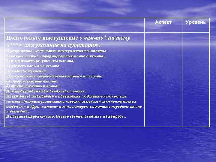 Аспект Подготовьте выступление о чем-то  на тему «***» для указание на аудиторию. В