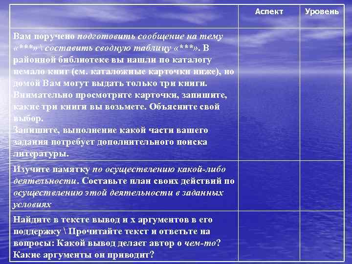 Аспект Вам поручено подготовить сообщение на тему «***»  составить сводную таблицу «***» .