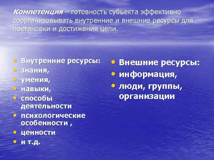 Компетенция – готовность субъекта эффективно соорганизовывать внутренние и внешние ресурсы для постановки и достижения
