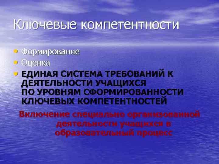 Ключевые компетентности • Формирование • Оценка • ЕДИНАЯ СИСТЕМА ТРЕБОВАНИЙ К ДЕЯТЕЛЬНОСТИ УЧАЩИХСЯ ПО
