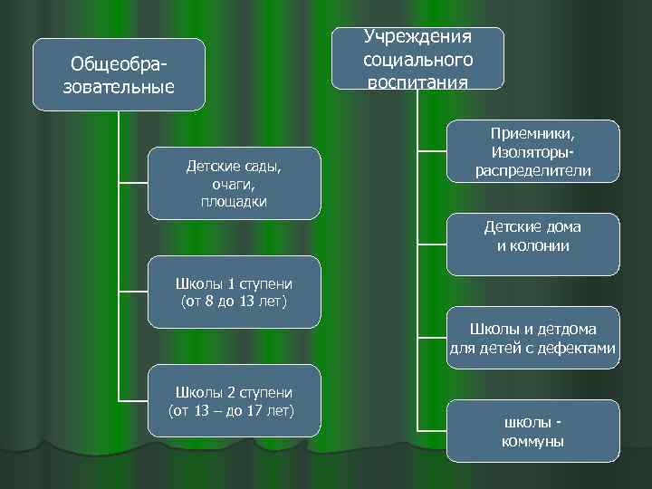 Учреждения социального воспитания Общеобразовательные Детские сады, очаги, площадки Приемники, Изоляторыраспределители Детские дома и колонии
