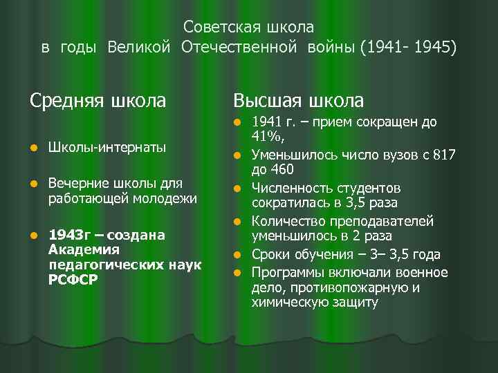 Советская школа в годы Великой Отечественной войны (1941 - 1945) Средняя школа Высшая школа