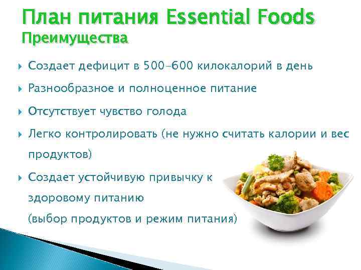 План питания Essential Foods Преимущества Создает дефицит в 500 -600 килокалорий в день Разнообразное