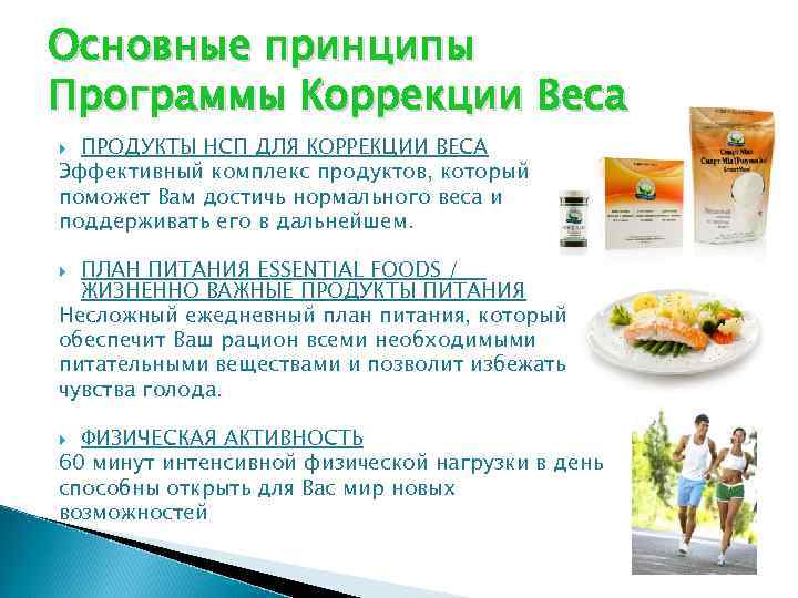 Основные принципы Программы Коррекции Веса ПРОДУКТЫ НСП ДЛЯ КОРРЕКЦИИ ВЕСА Эффективный комплекс продуктов, который