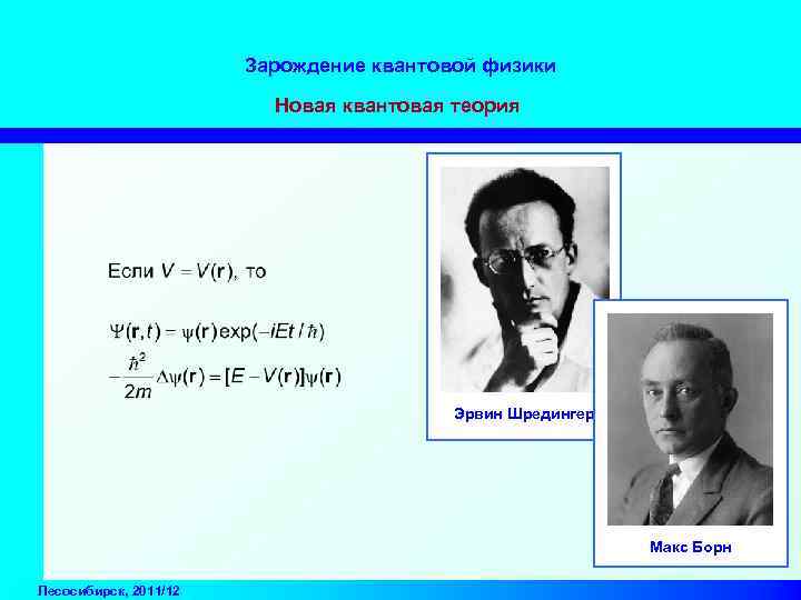 Зарождение квантовой физики Новая квантовая теория Эрвин Шредингер Макс Борн Лесосибирск, 2011/12 
