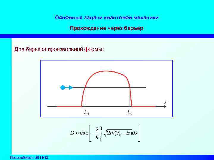 Основные задачи квантовой механики Прохождение через барьер Для барьера произвольной формы: Лесосибирск, 2011/12 