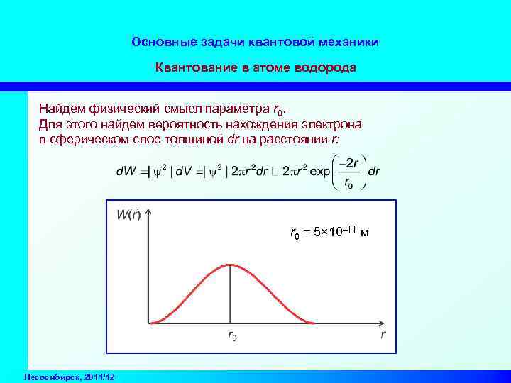 Основные задачи квантовой механики Квантование в атоме водорода Найдем физический смысл параметра r 0.