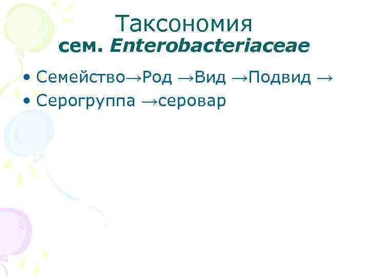 Таксономия сем. Enterobacteriaceae • Семейство→Род →Вид →Подвид → • Серогруппа →серовар 