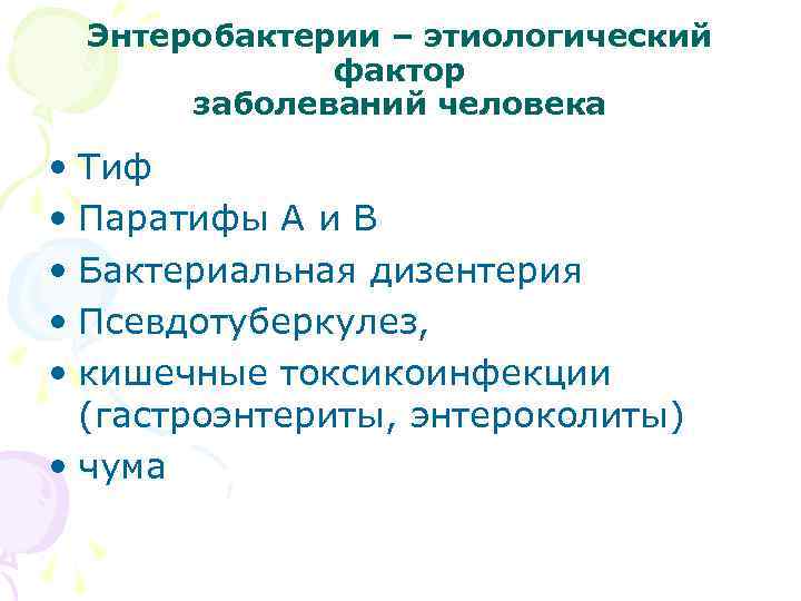 Энтеробактерии – этиологический фактор заболеваний человека • Тиф • Паратифы А и В •