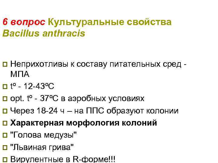 6 вопрос Культуральные свойства Bacillus anthracis Неприхотливы к составу питательных сред МПА p tº
