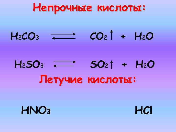 Непрочные кислоты: H 2 CO 3 CO 2 H 2 SO 3 + H