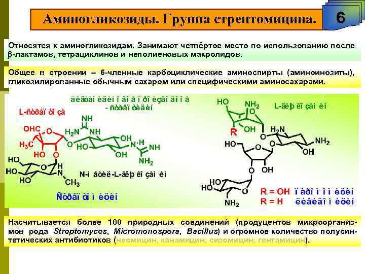  Аминогликозиды. Группа стрептомицина. 6 Относятся к аминогликозидам. Занимают четвёртое место по использованию после