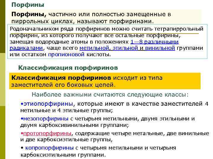 Порфины, частично или полностью замещенные в пиррольных циклах, называют порфиринами. Родоначальником ряда порфиринов можно