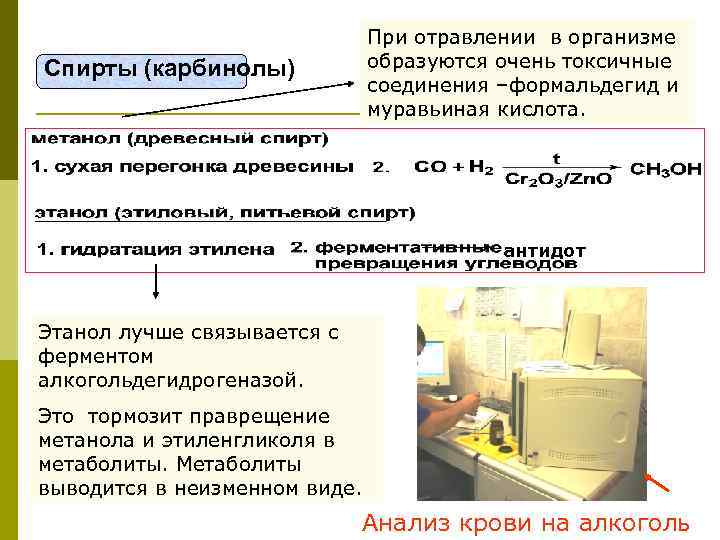  При отравлении в организме Спирты (карбинолы) образуются очень токсичные соединения –формальдегид и муравьиная