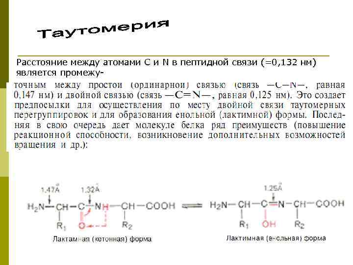 Расстояние между атомами С и N в пептидной связи (=0, 132 нм) является промежу-